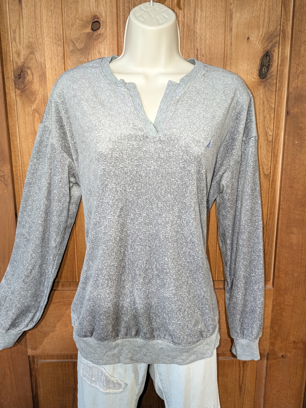 Nautica Light Gray Heather Split-Neck Pullover Sweatshirt